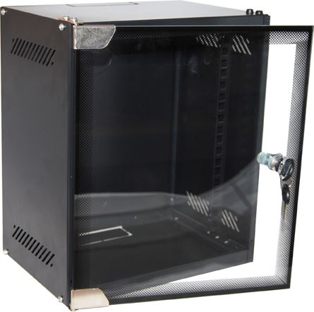 DYNAMIX 6RU Mini Cabinet for 10'' Panels, W280 x D200 x H329mm Supplied in a flat pack. Glass front door. Wall mount bracket, included. Powder coated black finish.