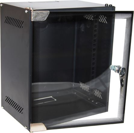 DYNAMIX 9RU Mini Cabinet for 10'' Panels, W280 x D310 x H462mm Supplied in a flat pack front door. Wall mount bracket, included. Powder coated black finish.