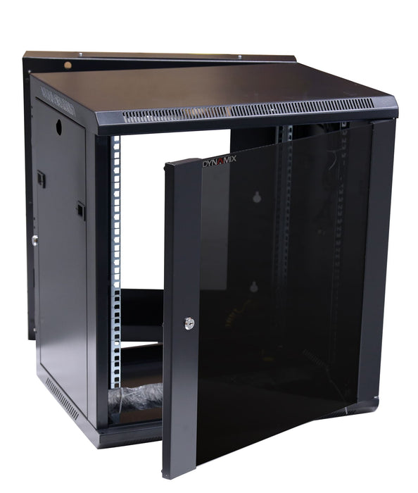 DYNAMIX LITE 9RU Swing Wall Mount Cabinet. 600x550x501mm (WxDxH) Right Hand Mounted. LITE Version Excludes Fixed Shelves & Fans. Includes 10x Cage Nuts. Gloss Black Colour.