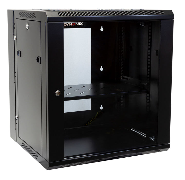 DYNAMIX 12RU 600mm Deep Universal Swing Wall Mount Cabinet. Removable Backmount (600 x 600 x 635mm). Includes 2x fans, 1x fixed shelf, 10x cage nuts. 6-Way PDU Installed. Gloss black colour.