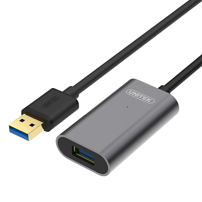 UNITEK 5m USB 3.0 Extension Cable with Built-in Extension Chipset. Aluminium Designed Housing, Transfer Speeds up to 5Gbps, Gold Plated Connector, DC Jack for External Power, Plug and Play.