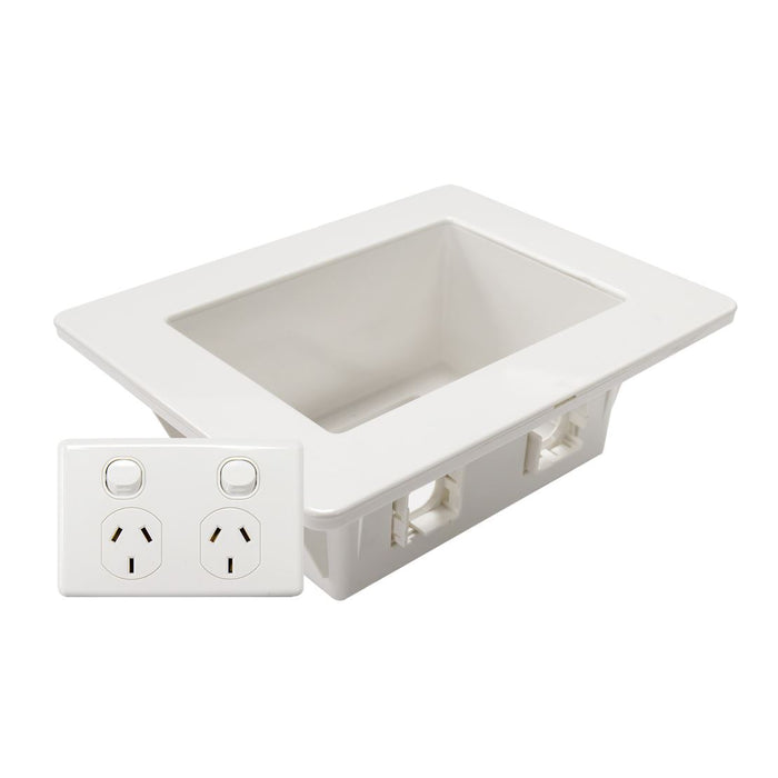 DYNAMIX Recessed Wall Box with 2x AMDEX style outlets. Incl Dual Port GPO. Suitable for 70 & 90min Wall Cavities. Floating Gib Install ONLY Outside face: 185 x 145mm. Recess: 166 x 100mm. Depth: 63mm.
