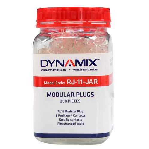 DYNAMIX RJ11 Plug 200pc Jar, 6P4C Modular Plug. 3 micron.