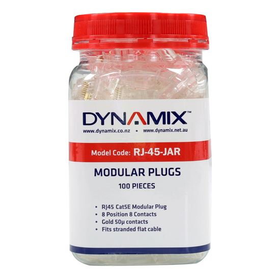 DYNAMIX RJ45 Plug 100pc Jar, 8P8C Modular Plug (Flat, Stranded). 50 micron