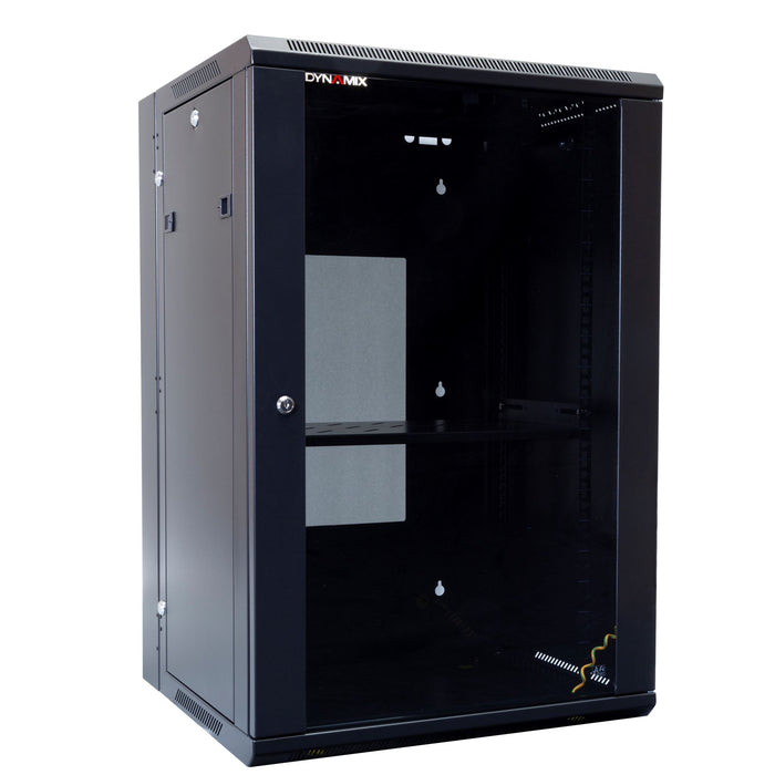 DYNAMIX 18RU Universal Swing Wall Mount Cabinet. Removable Rackmount supplied with Left & Right Hinges (600 x 550 x 901mm). Includes 1 x fixed shelf, 10 x cage nuts. 6-Way PDU Installed. Gloss Black.