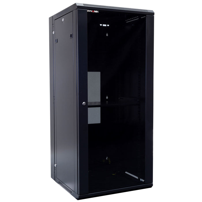 DYNAMIX 27RU 600mm Deep Universal Swing Wall Mount Cabinet. Removable Backmount (600 x 600 x 1365mm). Includes 2x fans, 1x fixed shelf, 10x cage nuts. 6-Way PDU installed. Gloss black colour.