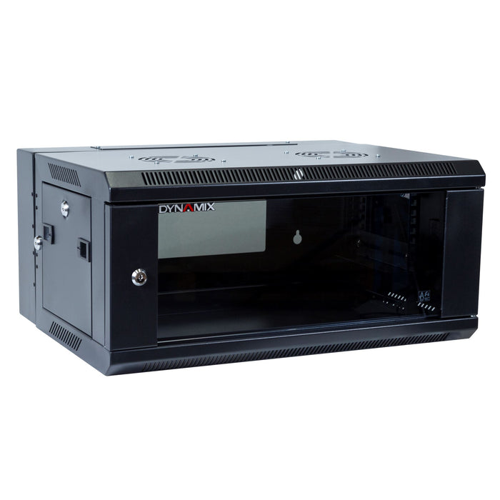 DYNAMIX 4RU Universal Swing Wall Mount Cabinet. Removable Back mount supplied with Left & Right Hinges (600 x 450 x 281mm). Includes 10x nuts. Gloss black colour.