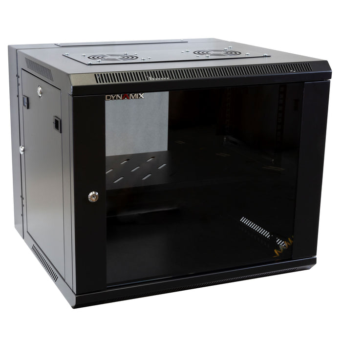 DYNAMIX 9RU Universal Swing Wall Mount Cabinet. Removable Back mount supplied with Left & Right Hinges (600 x 550 x 501mm). Includes 2x fans, 1 x fixed shelf, 10 x cage Gloss black colour.