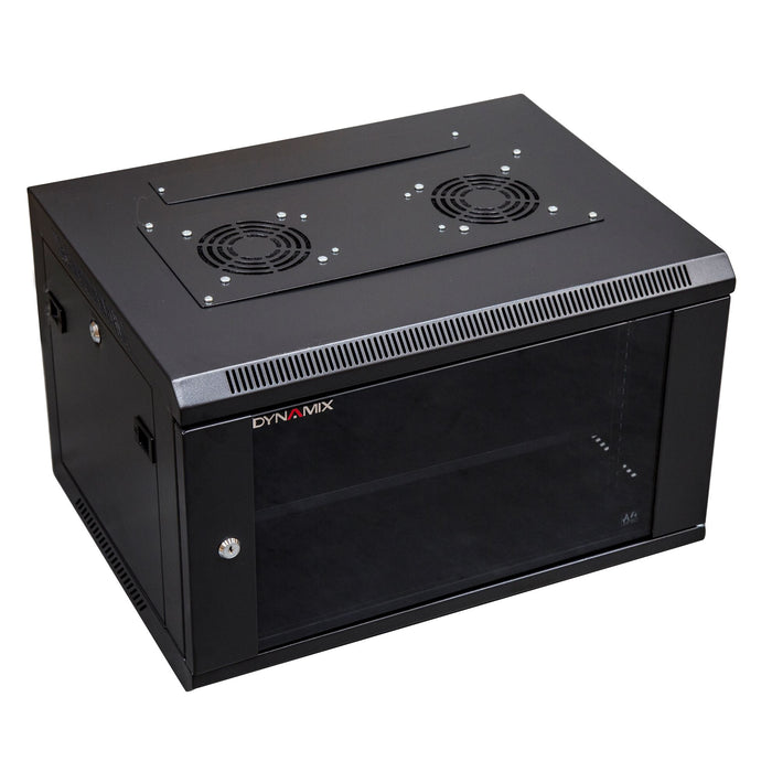 DYNAMIX 6RU Wall Mount Cabinet 450mm Deep (600 x 450 x 368mm). Includes 1x Fixed Shelf, 2x Fans & 10x Cage Nuts. Black Gloss Colour, front door.