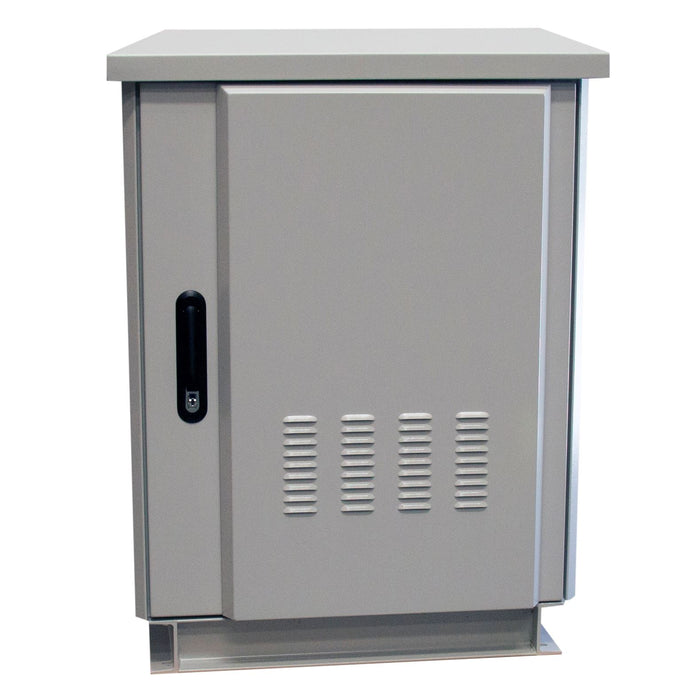 DYNAMIX 27RU Outdoor Freestanding Cabinet. (800 x 800 x 27U) IP45 Rated, Angled Pivoting Rain Hood, Double 25mm Heating Protection, Includes 10x Cage Nuts, Weight 210 Kgs. Grey