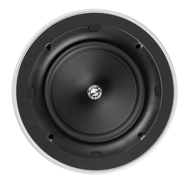 KEF Ultra Thin Bezel 8'' Round In-Ceiling Speaker. 200mm Uni-Q driver with 16mm aluminium dome tweeter & tangerine waveguide. Magnetic grille. IP64 rated.