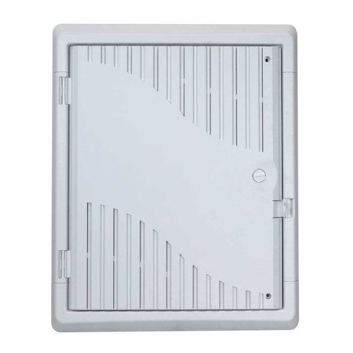 DYNAMIX 18" Recessed Plastic Network Enclosure, WiFi Ready, Slim Vented Lid, Dual GPO and Cable Entry Knock Outs.