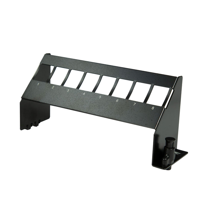 DYNAMIX 8-Port Angled Mounting Blank Panel. Designed for Installation of Keystone Snap-in Modules and RJ-45 Jacks. Angled Design for Easy Cable Routing. Size: 6.3” (W) x 2” (H)