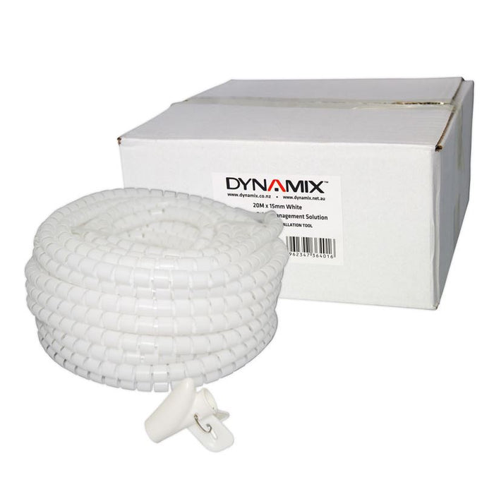 DYNAMIX 20mx15mm Easy Wrap - Cable Management Solution, Bulk Packed, Colour White, Includes Tool.