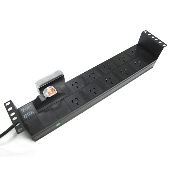 DYNAMIX 10 Outlet 2RU Horizontal Power Rail (10A) with 6kVa C-Curve MCB Circuit Breaker, on/off switch & 50mm Recessed Brackets. Cord with 10A 3 Pin Plug, Colour Black