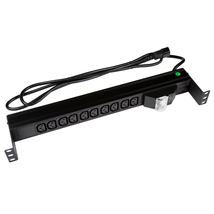 DYNAMIX 10 Outlet Horizontal Power Rail (10A IEC C13) with 6KA C-Curve Circuit Breaker. Integrated 2m power cord (10A IEC C14) 1RU. Colour Black.