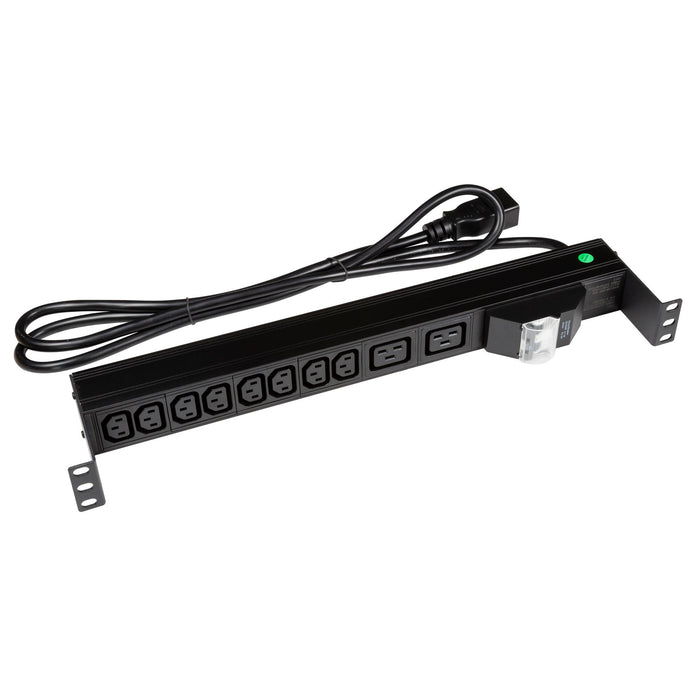 DYNAMIX 10 Outlet Horizontal Power Rail (8x 10A IEC C13 & 2x 16A IEC C19). with 6KA C-Curve Circuit Breaker. Integrated 2m power cord (16A IEC C20) 1RU. Colour Black.