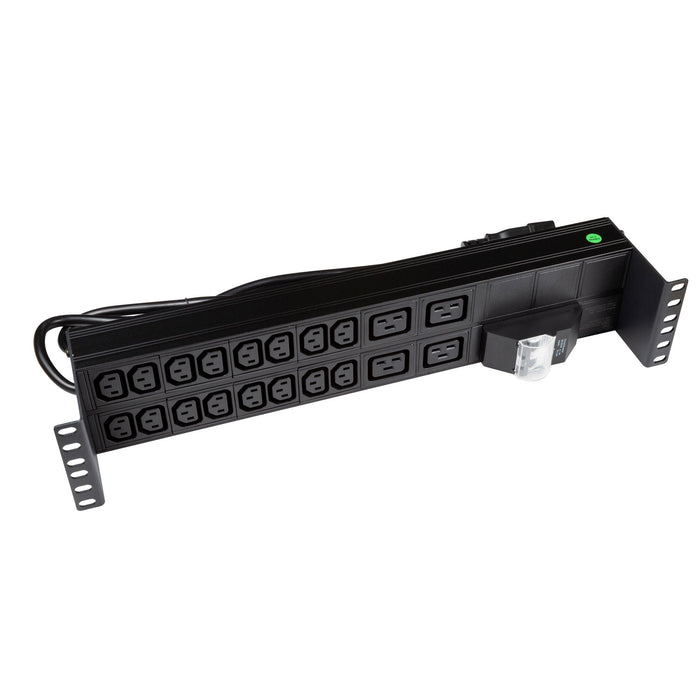 DYNAMIX 20 Outlet Horizontal Power Rail  (16x 10A IEC C13 & 4x 16A IEC C19). with 6KA C-Curve Circuit Breaker. Integrated 2m power cord (16A IEC C20) 2RU. Colour Black.