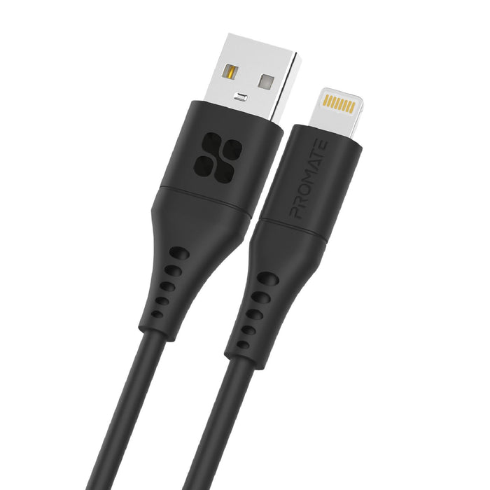 PROMATE 1.2m USB-A to Lightning Data & Charge Cable. Data Transfer Rate 480Mbps. Total Current 2.4A.. Durable Soft Silicon Cable. Tangle Resistant 25000+ Bend Tested. Black **Not MFI Certified**