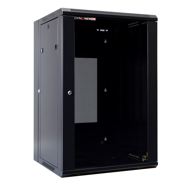 DYNAMIX LITE 18RU Swing Wall Mount Cabinet. 600x550x901mm (WxDxH) Right Hand Mounted. LITE Version Excludes Fixed Shelves & Fans. Includes 10x Cage Nuts. Gloss Black Colour.