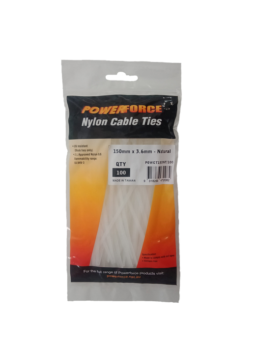 POWERFORCE Cable Tie Natural 150mm x 3.6mm Nylon Pack of 100. Made from U.L. Approved Nylon 6/6 with Flamability Rating of UL 94V-2
