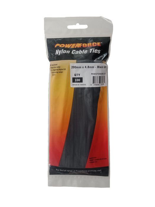 POWERFORCE Cable Tie Black UV 200mm x 4.8mm Weather Resistant Nylon. Pack of 100. Made from U.L. Approved Nylon 6/6 with Flamability Rating of UL 94V-2.