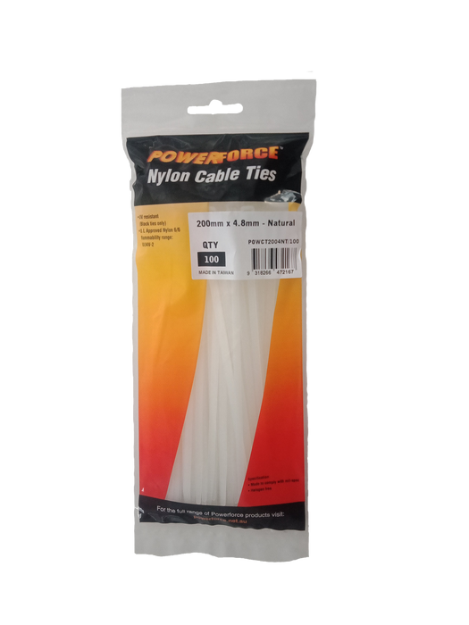 POWERFORCE Cable Tie Natural 200mm x 4.8mm Nylon Pack of 100. Made from U.L. Approved Nylon 6/6 with Flamability Rating of UL 94V-2