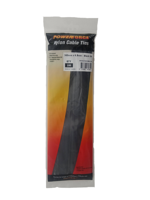 POWERFORCE Cable Tie Black UV 300mm x 4.8mm Weather Resistant Nylon. Pack of 100. Made from U.L. Approved Nylon 6/6 with Flamability Rating of UL 94V-2.