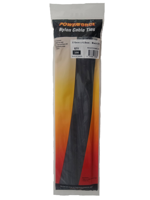 POWERFORCE Cable Tie Black UV 370mm x 4.8mm Weather Resistant Nylon. Pack of 100. Made from U.L. Approved Nylon 6/6 with Flamability Rating of UL 94V-2.