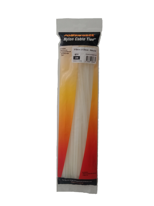 POWERFORCE Cable Tie Natural 370mm x 4.8mm Nylon Pack of 100. Made from U.L. Approved Nylon 6/6 with Flamability Rating of UL 94V-2