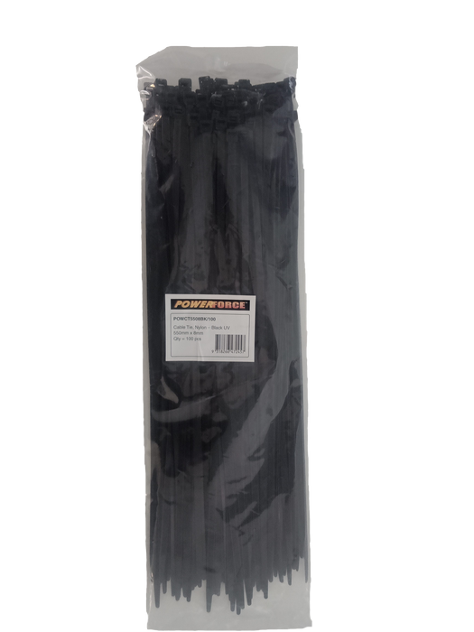 POWERFORCE Cable Tie Black UV 550mm x 8mm Weather Resistant Nylon. Pack of 100. Made from U.L. Approved Nylon 6/6 with Flamability Rating of UL 94V-2.