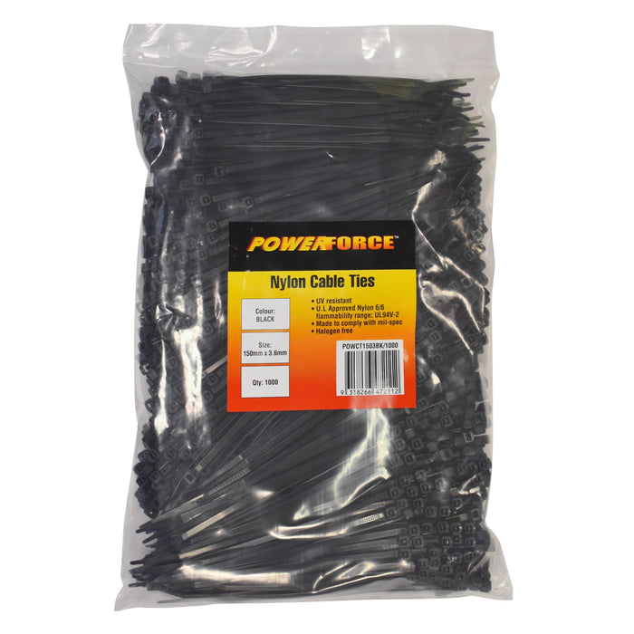 POWERFORCE Cable Tie Black UV 150mm x 3.6mm Weather Resistant Nylon. Pack of 1000. Made from U.L. Approved Nylon 6/6 with Flamability Rating of UL 94V-2.