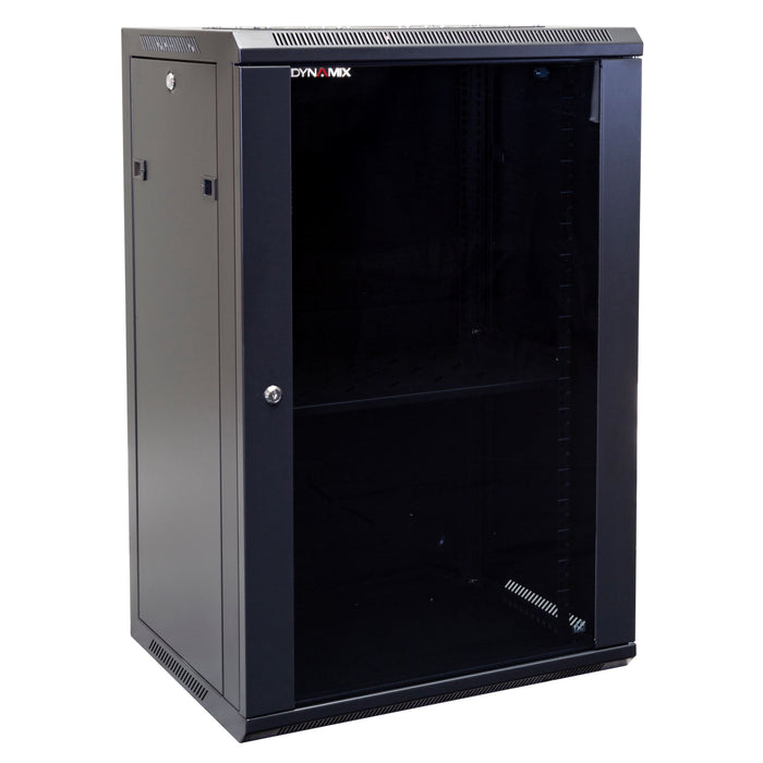 DYNAMIX 18RU Wall Mount Cabinet 450mm Deep (600 x 450 x 910mm). Includes 1x Fixed Shelf, 2x Fans & 10x Cage Nuts. Black Gloss Colour, front door.