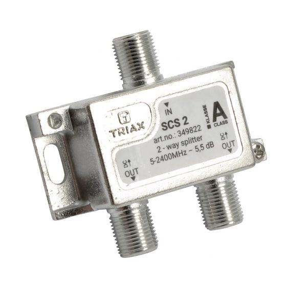 TRIAX RF 2-Way Splitter, 2.4GHz. Coaxial Splitter Ideal for SAT-IF & MATV Distribution Networks. Frequency Range 5-2400 MHz. DC Pass Via Diodes from all Outputs. High Shielding Against Ingress Noise.