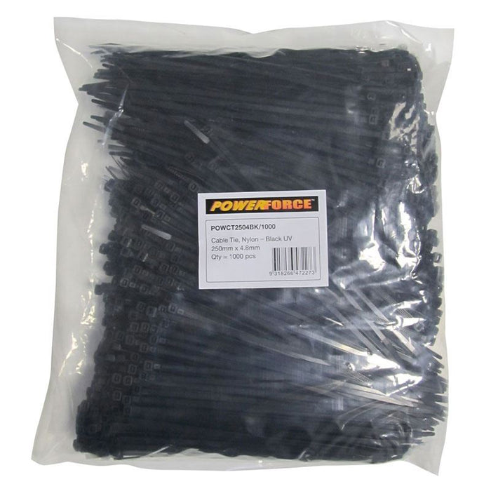 POWERFORCE Cable Tie Black UV 250mm x 4.8mm Weather Resistant Nylon. Pack of 1000. Made from U.L. Approved Nylon 6/6 with Flamability Rating of UL 94V-2.