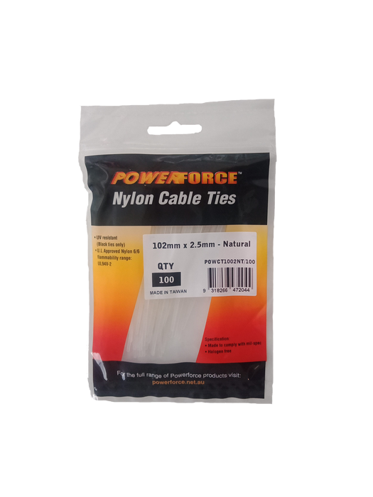 POWERFORCE Cable Tie Natural 102mm x 2.5mm Nylon Pack of 100. Made from U.L. Approved Nylon 6/6 with Flamability Rating of UL 94V-2