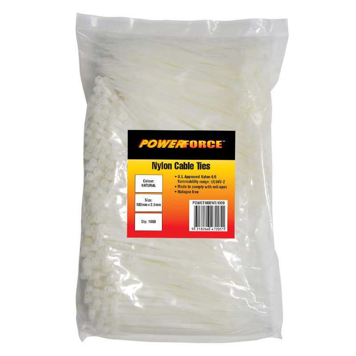 POWERFORCE Cable Tie Natural 102mm x 2.5mm Nylon Pack of 1000. Made from U.L. Approved Nylon 6/6 with Flamability Rating of UL 94V-2