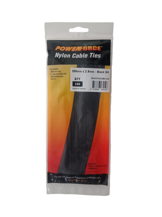 POWERFORCE Cable Tie Black UV 200mm x 2.8mm Weather Resistant Nylon. Pack of 100. Made from U.L. Approved Nylon 6/6 with Flamability Rating of UL 94V-2.