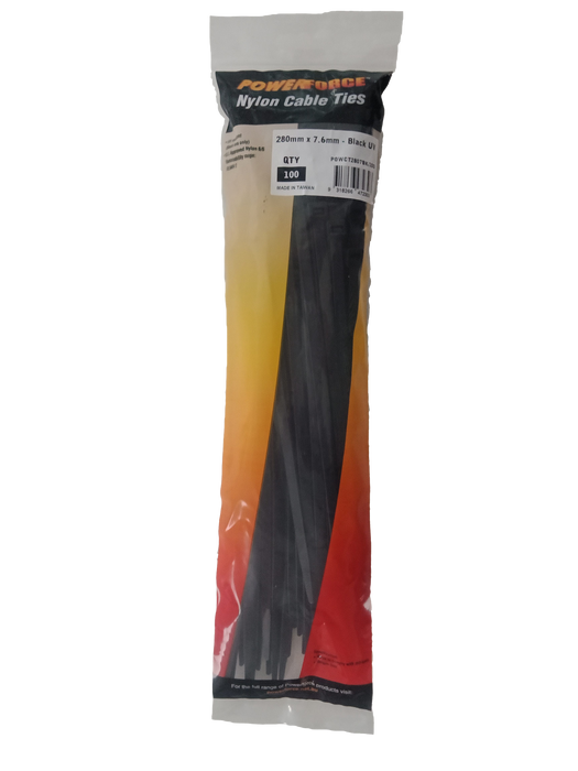 POWERFORCE Cable Tie Black UV 280mm x 7.6mm Weather Resistant Nylon. Pack of 100. Made from U.L. Approved Nylon 6/6 with Flamability Rating of UL 94V-2.
