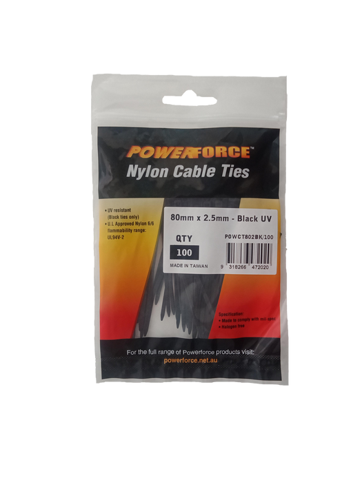 POWERFORCE Cable Tie Black UV 80mm x 2.5mm Weather Resistant Nylon. Pack of 100. Made from U.L. Approved Nylon 6/6 with Flamability Rating of UL 94V-2.