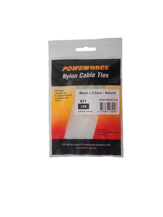 POWERFORCE Cable Tie Natural 80mm x 2.5mm Nylon Pack of 100. Made from U.L. Approved Nylon 6/6 with Flamability Rating of UL 94V-2