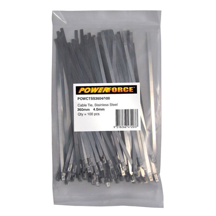 POWERFORCE Cable Tie 316SS 360mm x 4.6mm Pack of 100. Self Locking Ball-lock design. Temp Range: -80C to +500C. Weather, Water, Salt Spray, Corrosion, Fire and UV Resistant.  Non-magnetic.