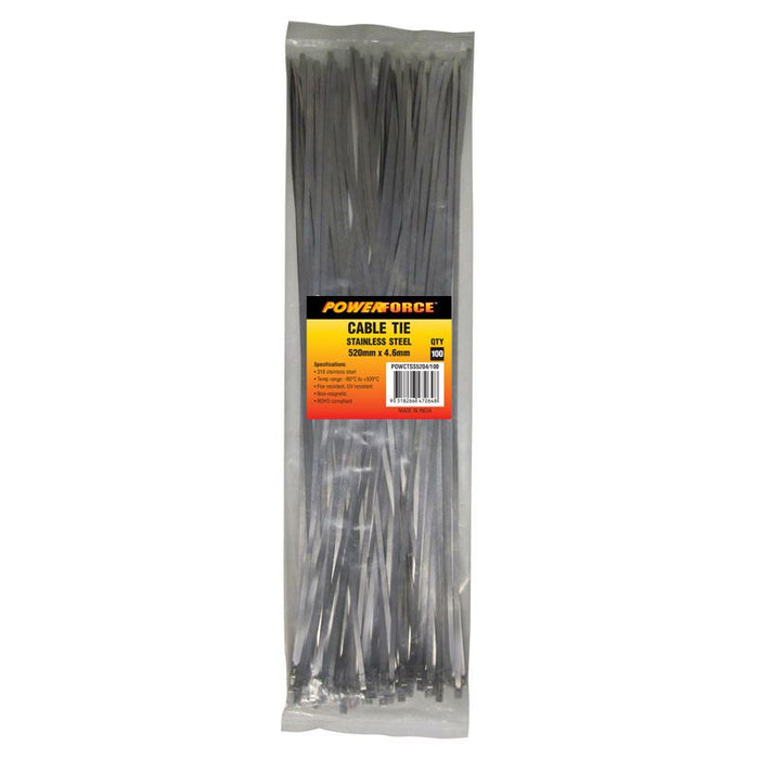 POWERFORCE Cable Tie 316SS 520mm x 4.6mm Pack of 100. Self Locking Ball-lock design. Temp Range: -80C to +500C. Weather, Water, Salt Spray, Corrosion, Fire and UV Resistant.  Non-magnetic.