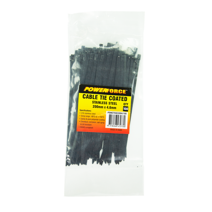 POWERFORCE Cable Tie 316SS Coated 200mm x 4.6mm Pack of 100. Self Locking ball-lock design. Chemical, Corrosion, Salt Spray and UV Resistant. Temp range: -80C to +150C. Halogen Free & Non-magnetic