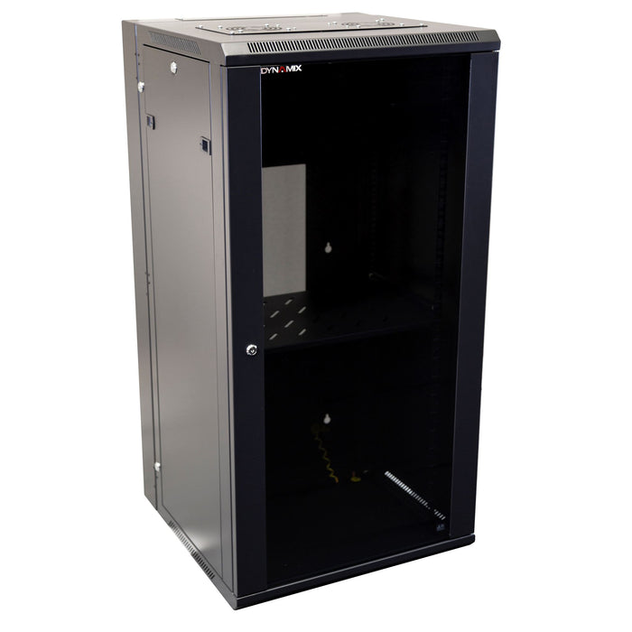 DYNAMIX 24RU 600mm Deep Universal Swing Wall Mount Cabinet. Removable Backmount (600 x 600 x 1167mm). Includes 2x fans, 1x fixed shelf, 10x cage nuts. 6-Way PDU installed. Gloss black colour.