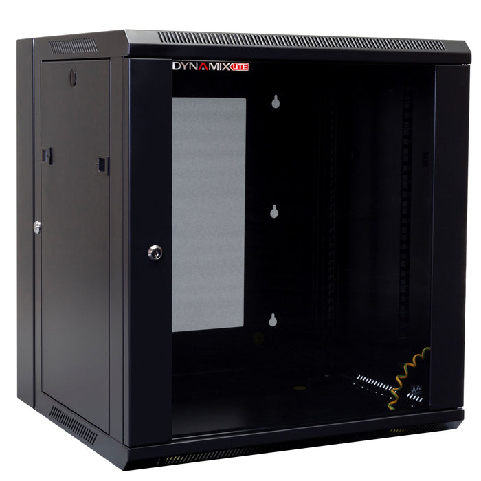 DYNAMIX LITE 12RU Swing Wall Mount Cabinet. 600x550x635mm (WxDxH) Right Hand Mounted. LITE Version Excludes Fixed Shelves & Fans. Includes 10x Cage Nuts. Gloss Black Colour.