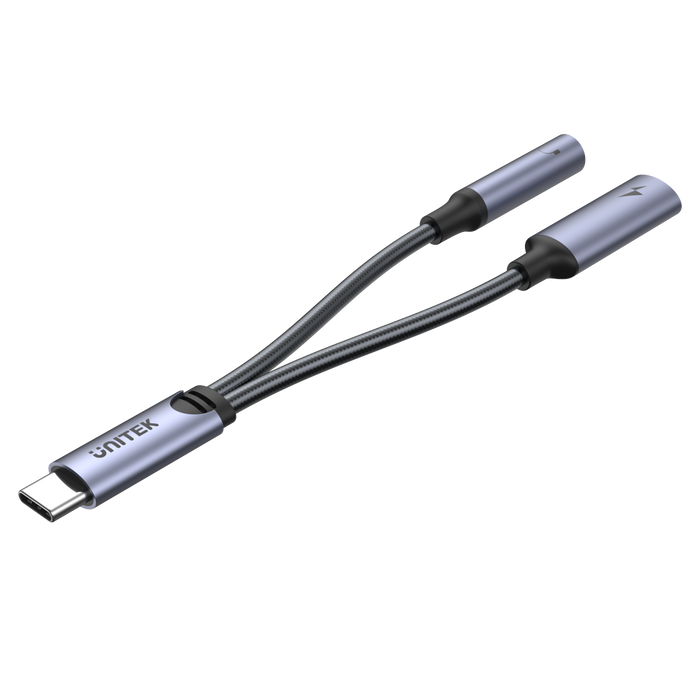 UNITEK 2-in-1 USB-C to 3.5mm Audio Jack & USB-C Charging Connector. Supports up to 60W Fast Charging. Supports High-res Audio: DAC: 48KHz /16bit. Spilt your USB-C Port into 3.5mm Audio Jack & Charger.