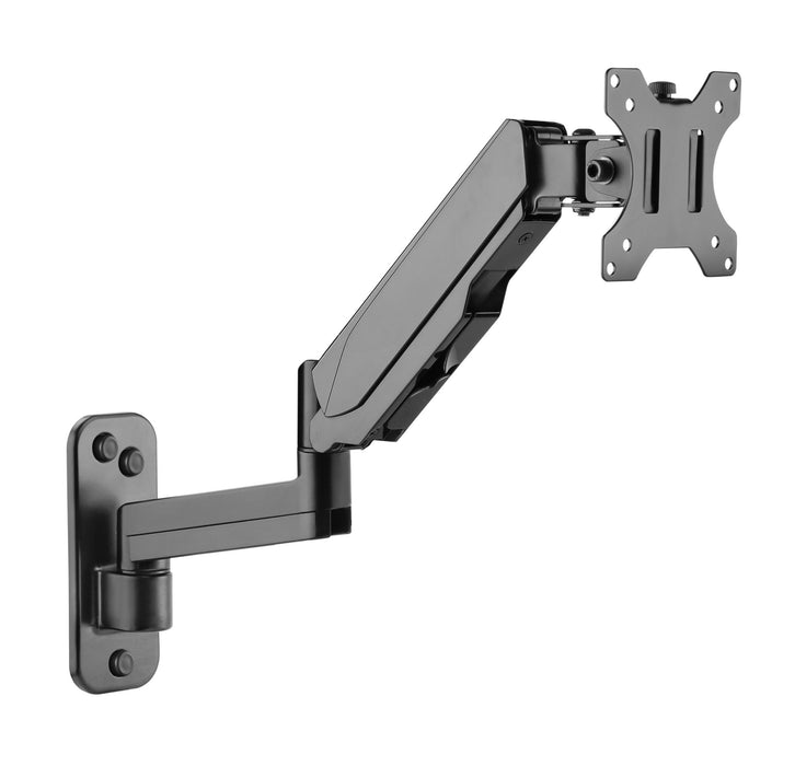 BRATECK 17''-32'' Single Screen Wall Mounted Gas Spring Monitor Arm. Max load: 9kgs. VESA 75x75 & 100x100. Extend, tilt and swivel. Detachable VESA Plate. Max Arm Extn - 422mm. Matte Black Color