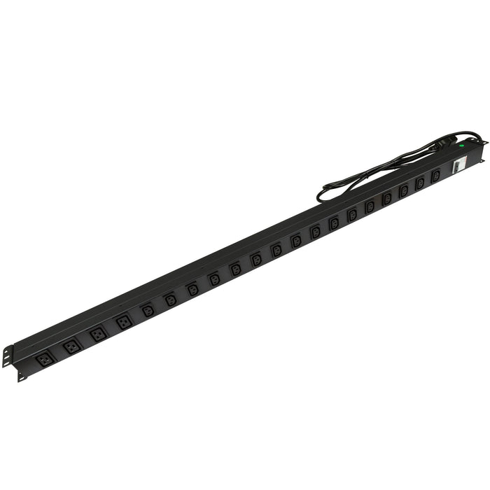 DYNAMIX 20 Outlet Vertical Power Rail  (16x 10A IEC C13 & 4x 16A IEC C19). with 6KA C-Curve Circuit Breaker. Integrated 2m power cord (16A IEC C20) 0RU. Colour Black.