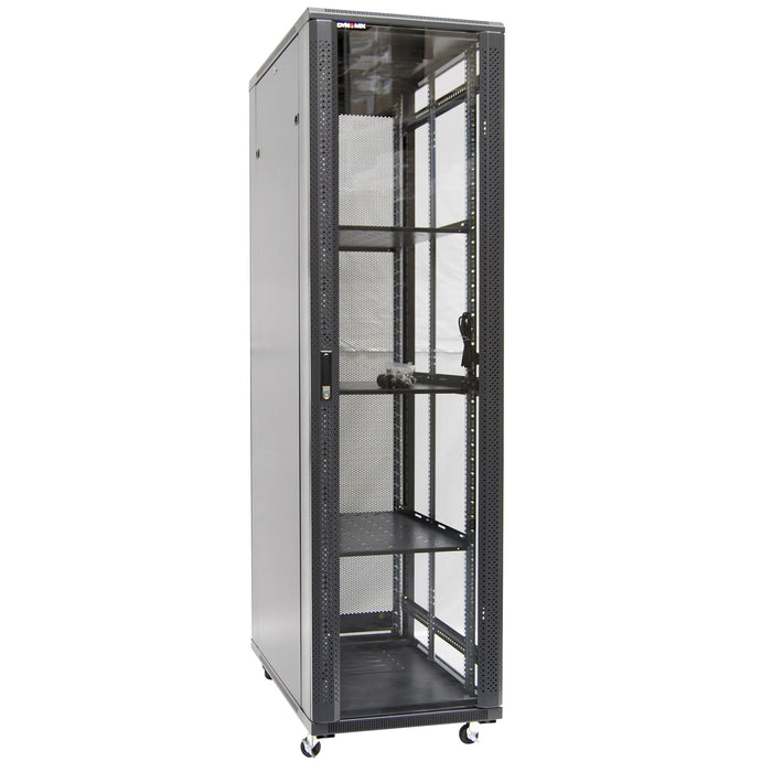 DYNAMIX 42RU Server Cabinet 1000mm Deep (600x1000x2077mm). FLAT PACK Includes 3x Fixed Shelves, 4x Fans, 25x Cage Nuts, 4x Castors & Level feet 800kg static load. Glass front door mesh rear door. 6-Way PDU